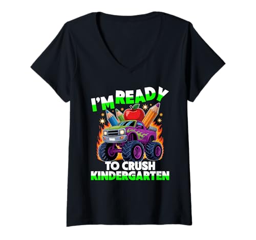 Damen Bereit, den Monster Truck zum Schulanfang im Kindergarten zu vernichten T-Shirt mit V-Ausschnitt Damen Bereit, den Monster Truck zum Schulanfang im Kindergarten zu vernichten T-Shirt mit V-Ausschnitt von Kindergarten Monster Truck Crush Crew 2025
