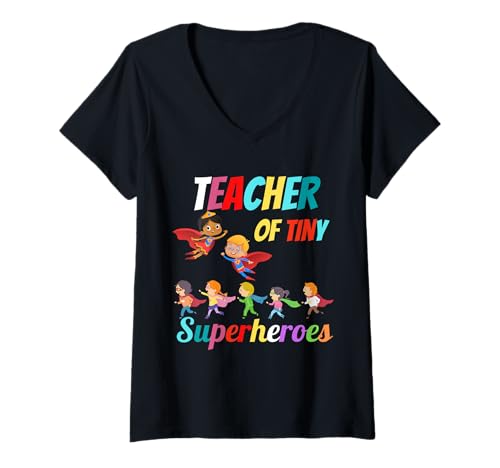 Damen Der Kindergartenlehrer von Tiny Superheroes ist Wieder in der Schule T-Shirt mit V-Ausschnitt Damen Der Kindergartenlehrer von Tiny Superheroes ist Wieder in der Schule T-Shirt mit V-Ausschnitt von Kindergarten Prek Teacher Of Tiny Superheroes