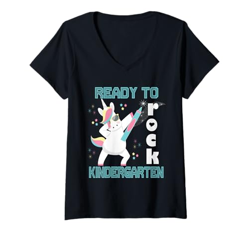 Damen Ready to Rock Kindergarten Einhorn Cool Back to School Gear T-Shirt mit V-Ausschnitt Damen Ready to Rock Kindergarten Einhorn Cool Back to School Gear T-Shirt mit V-Ausschnitt von Kindergarten Ready To Rock Pink UC Sapphire Star