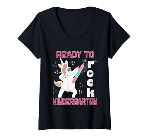 Damen Ready to Rock Kindergarten Einhorn Fun Back to School Gear T-Shirt mit V-Ausschnitt Damen Ready to Rock Kindergarten Einhorn Fun Back to School Gear T-Shirt mit V-Ausschnitt von Kindergarten Ready To Rock Pink UC Sapphire Star