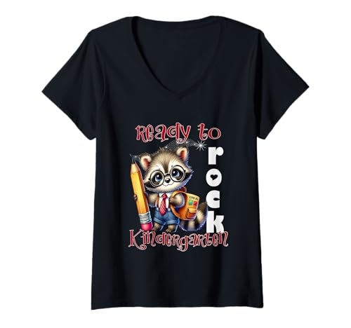 Damen Ready to Rock Waschbär für den Kindergarten, lustige Ausrüstung für den Schulanfang T-Shirt mit V-Ausschnitt Damen Ready to Rock Waschbär für den Kindergarten, lustige Ausrüstung für den Schulanfang T-Shirt mit V-Ausschnitt von Kindergarten Ready To Rock Racoon Sapphire Star