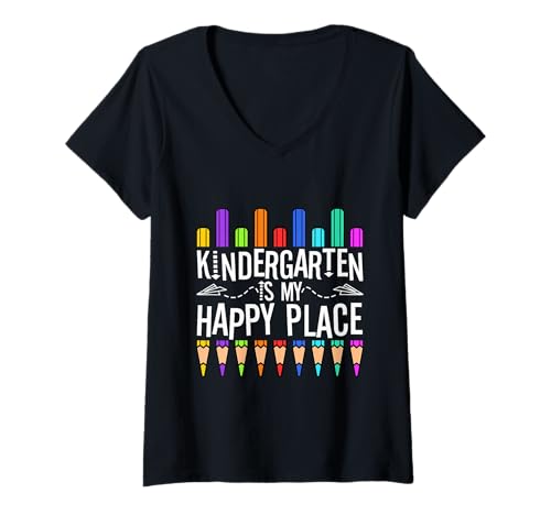Damen Kindergarten ist Mein glücklicher Ort T-Shirt mit V-Ausschnitt Damen Kindergarten ist Mein glücklicher Ort T-Shirt mit V-Ausschnitt von Kindergarten Teacher PreK educator daycare