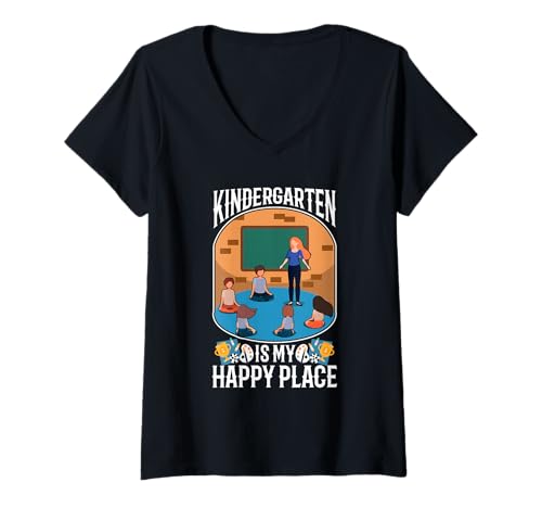Damen Kindergarten ist Mein glücklicher Ort T-Shirt mit V-Ausschnitt Damen Kindergarten ist Mein glücklicher Ort T-Shirt mit V-Ausschnitt von Kindergarten Teacher PreK educator daycare