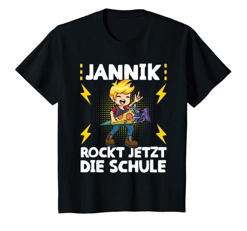 Kinder Jannik rockt jetzt die Schule! Einschulung Jungen T-Shirt von Kindergarten Verabschiedung Outfits für Jungen