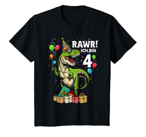 Kinder Dinosaurier 4.Geburtstag Jungen ich bin 4 Jahre Geschenk T-Shirt von Kindergeburtstag Fun Shirts für Jungen & Mädchen