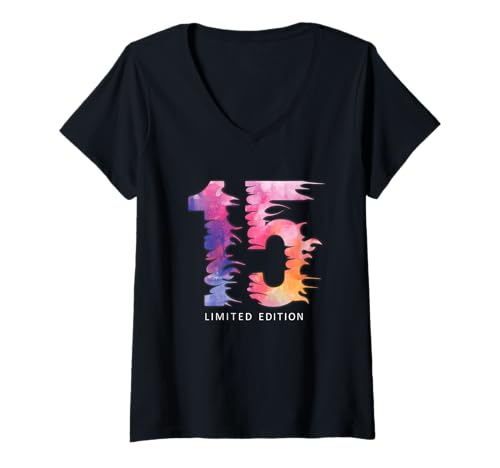 Damen 15 Jahre Geburtstag Mädchen Junge 15. Geburtstag T-Shirt mit V-Ausschnitt von Kindergeburtstag Geburtstagsgeschenk Geschenkidee