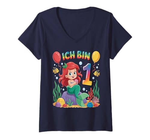 Damen Meerjungfrau Kinder 1. Geburtstag Mädchen 1 Jahre T-Shirt mit V-Ausschnitt von Kindergeburtstag Meerjungfrau Party