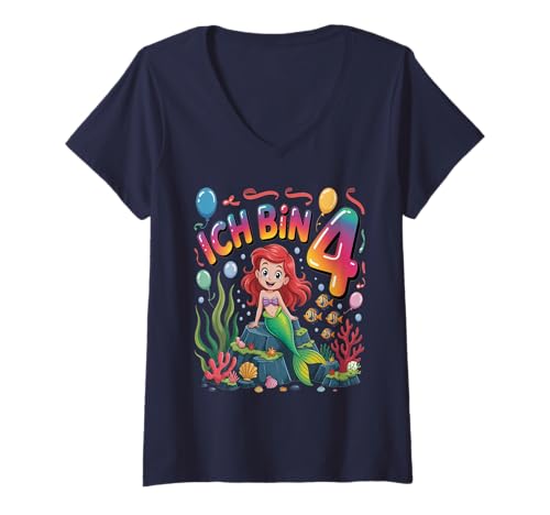 Damen Meerjungfrau Kinder 4. Geburtstag Mädchen 4 Jahre T-Shirt mit V-Ausschnitt von Kindergeburtstag Meerjungfrau Party
