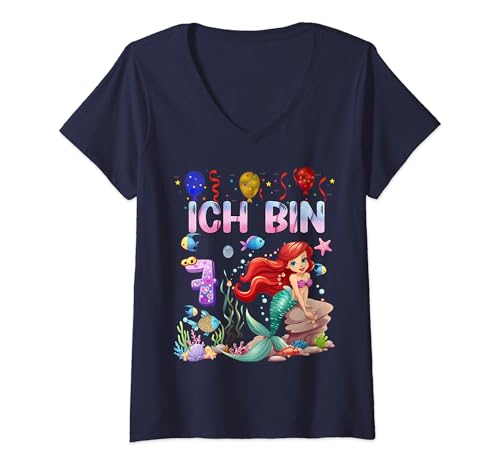 Damen Meerjungfrau Kinder 7. Geburtstag Mädchen 7 Jahre Meerjungfrau Geburtstag T-Shirt mit V-Ausschnitt von Kindergeburtstag Meerjungfrau Party