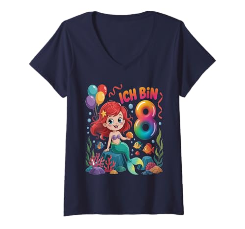 Damen Meerjungfrau Kinder 8. Geburtstag Mädchen 8 Jahre T-Shirt mit V-Ausschnitt von Kindergeburtstag Meerjungfrau Party