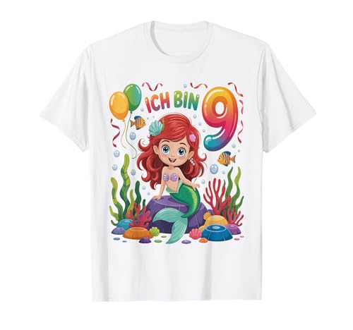 Meerjungfrau Kinder 9. Geburtstag Mädchen 9 Jahre T-Shirt von Kindergeburtstag Meerjungfrau Party