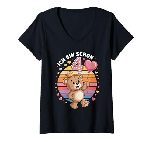 Damen Ich Bin Schon 4 Jahre Alt Krone Bär T-Shirt mit V-Ausschnitt Damen Ich Bin Schon 4 Jahre Alt Krone Bär T-Shirt mit V-Ausschnitt von Kindergeburtstag Niedlich Krone Bärchen