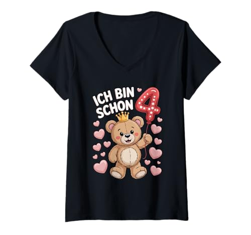 Damen Ich Bin Schon 4 Jahre Alt Krone Bär T-Shirt mit V-Ausschnitt Damen Ich Bin Schon 4 Jahre Alt Krone Bär T-Shirt mit V-Ausschnitt von Kindergeburtstag Niedlich Krone Bärchen