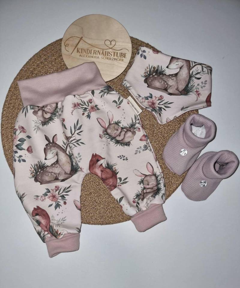 Pumphose Mitwachsend/Halstuch Fuchs Reh Waldtiere Mädchen Altrosa/ Geburtsgeschenk/ Babyhose Stoffeigenproduktion von Kindernaehstube