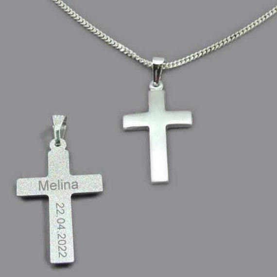 Weißgold- Kreuz-Anhänger Mit Silberkette Oder Lederkette Auf Wunsch Inklusive Gravur - Zur Kommunion, Konfirmation, Taufe Geburt 3061W von KinderschmuckOnline