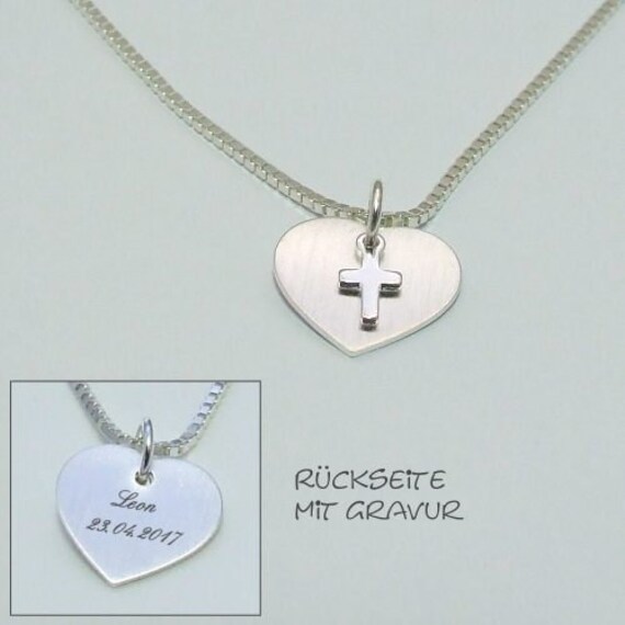Süße Herzkette Mit Kreuzanhänger Aus 925-Silber - Bis Zu 2 Gravuren Inklusive Als Geschenk Zur Geburt, Kommunion, Konfirmation, Taufe 2139 von KinderschmuckOnline