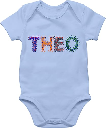 Kinderzeuch BZ10 Baby Strampler Body Bodysuit kurzarm - Junge - Name - THEO Stern Bunt - 3/6 Monate - Babyblau - baby-strampler von Kinderzeuch