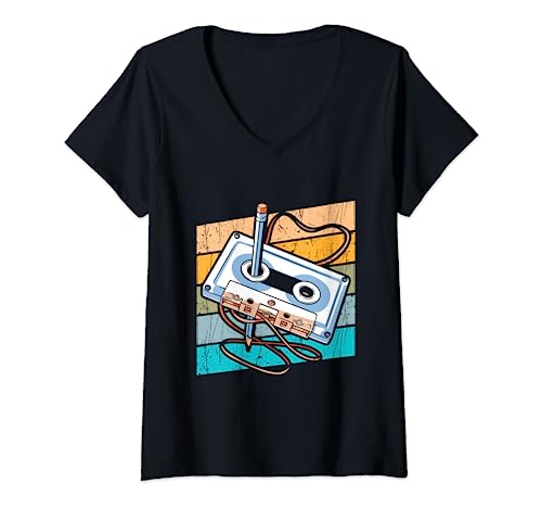 Damen Retro Kassette 80er 90er Jahre T-Shirt mit V-Ausschnitt Damen Retro Kassette 80er 90er Jahre T-Shirt mit V-Ausschnitt von Kindheistsprüche
