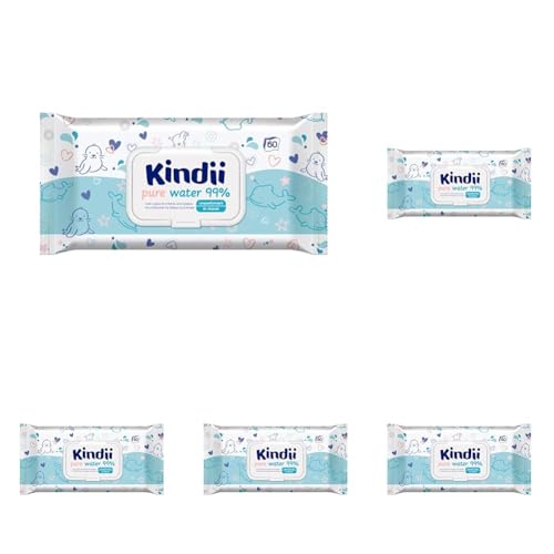 Kindii Feuchttücher für Babys und Kinder Pure Water 99% - 99% ige Zusammensetzung auf Wasserbasis - Allantoin - Parfümfrei - Unparfümiert - Dermatologisch getestet - Für empfindliche Haut - 60 Stück von Kindii