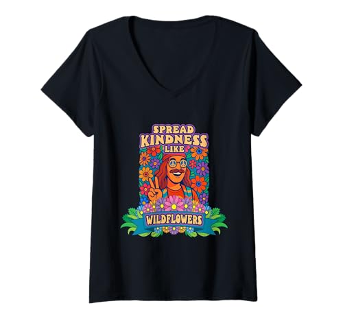Damen Good Vibes Bloom Wildblume im Retro-Look Kindness Peace T-Shirt mit V-Ausschnitt Damen Good Vibes Bloom Wildblume im Retro-Look Kindness Peace T-Shirt mit V-Ausschnitt von Kindness Blooms Hippie Flower Good Message Fun