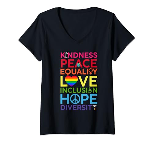 Damen Freundlichkeit Frieden Gleichheit Inklusion Vielfalt Menschenrechte T-Shirt mit V-Ausschnitt Damen Freundlichkeit Frieden Gleichheit Inklusion Vielfalt Menschenrechte T-Shirt mit V-Ausschnitt von Kindness Peace Equality Love Human Rights