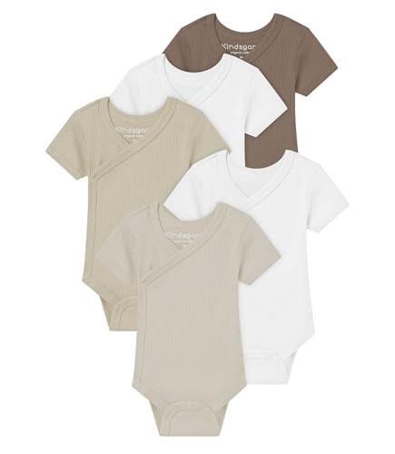 Kindsgard Wickelbody kurzarm „trunder“ – Braun 50 – 5er-Pack aus Ripp-Baumwolle – OEKO-TEX zertifiziert – elastisch, weich & bequem – unisex Baby Body mit Druckknöpfen von Kindsgard
