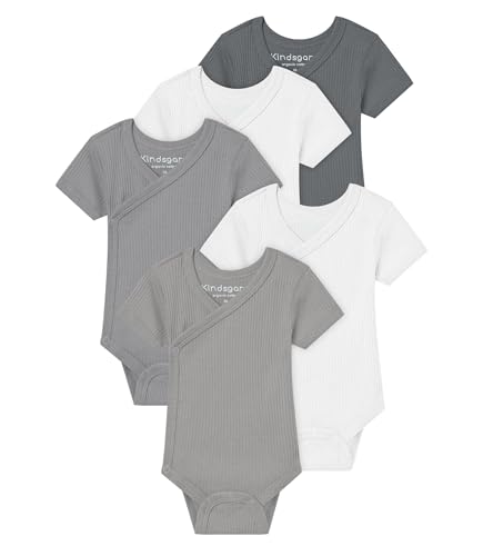 Kindsgard Wickelbody kurzarm „trunder“ – Grau 50 – 5er-Pack aus Ripp-Baumwolle – OEKO-TEX zertifiziert – elastisch, weich & bequem – unisex Baby Body mit Druckknöpfen von Kindsgard