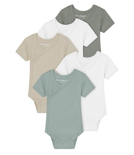 Kindsgard Wickelbody kurzarm „trunder“ – Grün 56 – 5er-Pack aus Ripp-Baumwolle – OEKO-TEX zertifiziert – elastisch, weich & bequem – unisex Baby Body mit Druckknöpfen von Kindsgard