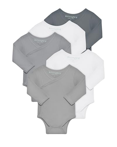 Kindsgard Wickelbody langarm „trunder“ – Grau 56 – 5er-Pack aus Ripp-Baumwolle – OEKO-TEX zertifiziert – weich, dehnbar & bequem – unisex Baby Body mit Druckknöpfen von Kindsgard