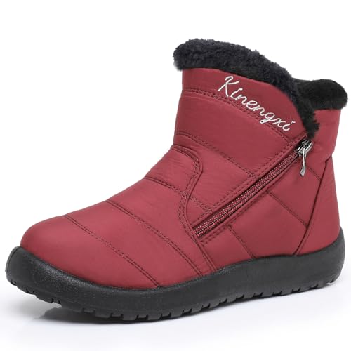 Kinengxi Damen Wasserdicht Winterschuhe Winterstiefel Warm Gefüttert Stiefel Kurzschaft Winter Boots Outdoor rutschfest Leicht Wanderschuhe, Rot, 41 EU, Tag 42 von Kinengxi