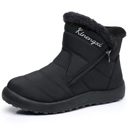 Winterschuhe Damen Warm Gefüttert Winterstiefel Wasserdicht Flache Damenstiefel Leichte Winter Boots Frauen Outdoor Wanderstiefel, Schwarz, 40 EU, Tag 41 von Kinengxi