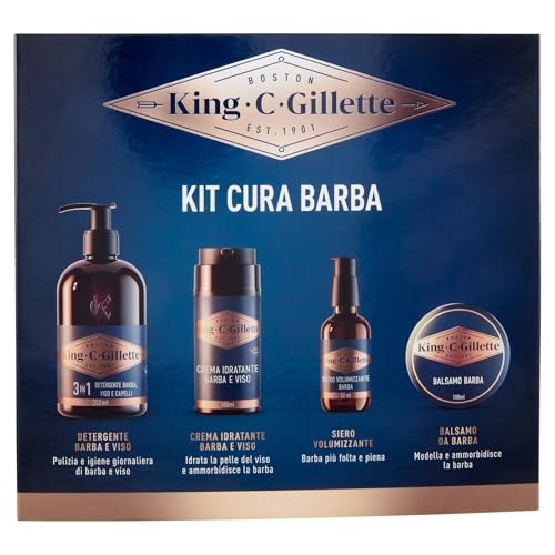King C. Gillette Bartpflege-Set für Herren, täglicher Duft, 3-in-1-Reiniger für Bart und Gesicht 350 ml, Balsam 100 ml, Volumenserum 50 ml und Feuchtigkeitscreme 100 ml von King C. Gillette