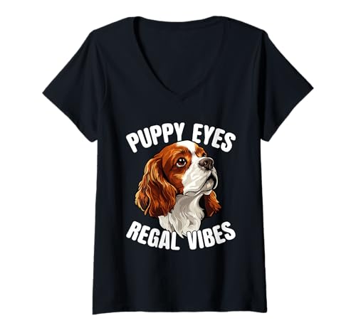 Damen Welpenaugen Königliche Vibes Cavalier King Charles Spaniel T-Shirt mit V-Ausschnitt Damen Welpenaugen Königliche Vibes Cavalier King Charles Spaniel T-Shirt mit V-Ausschnitt von King Charles Spaniel Königlicher Welpe Schnuffel