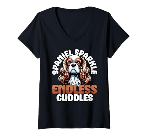 Damen Spaniel Glanz Endlose Kuscheleinheiten Süßer Hund T-Shirt mit V-Ausschnitt Damen Spaniel Glanz Endlose Kuscheleinheiten Süßer Hund T-Shirt mit V-Ausschnitt von King Charles Spaniel Königlicher Welpe