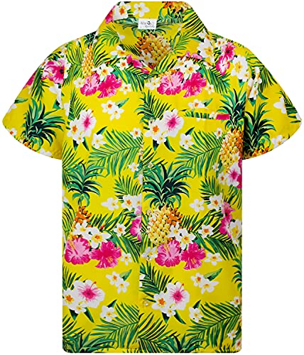 Funky Hawaiihemd Kids Kinder Jungs, Kurzarm, Print Pineapple Flowers, Gelb, 2 von King Kameha