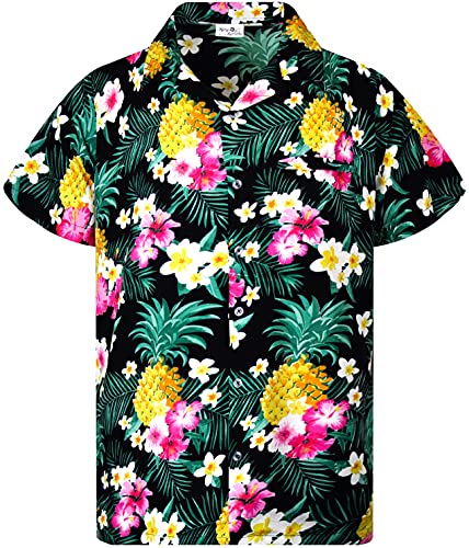 Funky Hawaiihemd Kids Kinder Jungs, Kurzarm, Print Pineapple Flowers, Schwarz, 4 von King Kameha