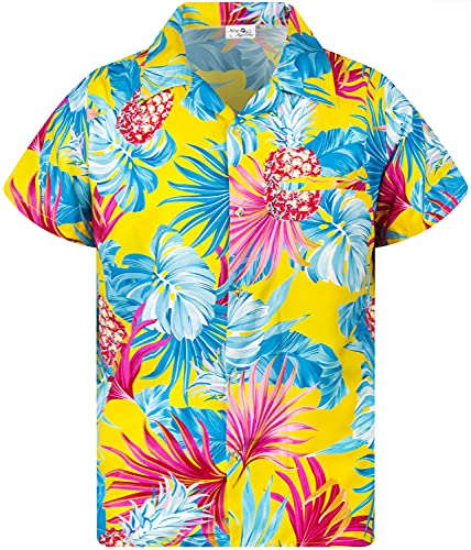 Funky Hawaiihemd Kids Kinder Jungs, Kurzarm, Print Pineapple Leaves, Gelb, 4 von King Kameha