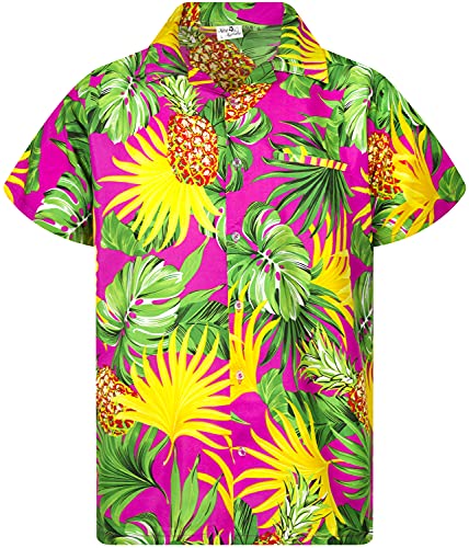 Funky Hawaiihemd Kids Kinder Jungs, Kurzarm, Print Pineapple Leaves, Pink, 10 von King Kameha