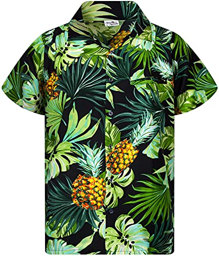 Funky Hawaiihemd Kids Kinder Jungs, Kurzarm, Print Pineapple Leaves, Schwarz, 2 von King Kameha