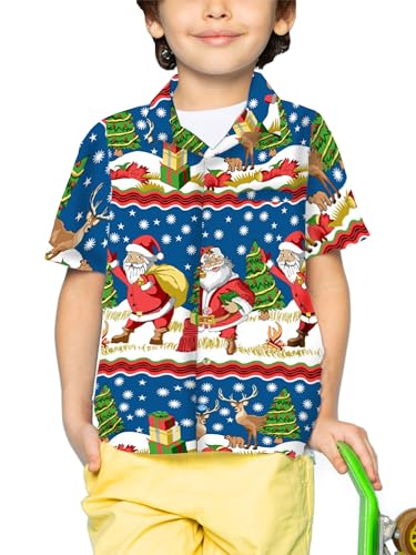 Funky Hawaiihemd Kids Kinder Jungs, Kurzarm, X-Mas Weihnachten, Christmas Border Print, Blau, 8 von King Kameha