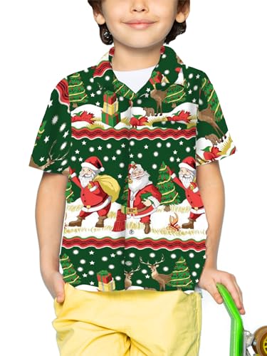 Funky Hawaiihemd Kids Kinder Jungs, Kurzarm, X-Mas Weihnachten, Christmas Border Print, Grün, 8 von King Kameha