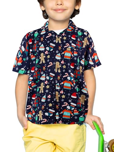 Funky Hawaiihemd Kids Kinder Jungs, Kurzarm, X-Mas Weihnachten, Christmas Gingerbread, Blau, 10 von King Kameha