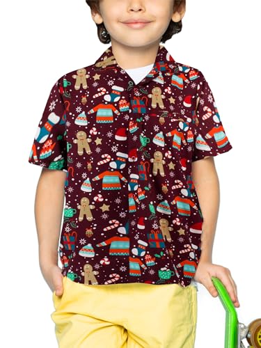 Funky Hawaiihemd Kids Kinder Jungs, Kurzarm, X-Mas Weihnachten, Christmas Gingerbread, Rot, 10 von King Kameha