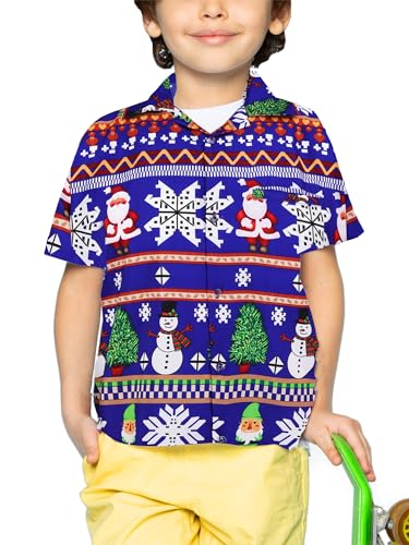 Funky Hawaiihemd Kids Kinder Jungs, Kurzarm, X-Mas Weihnachten, Christmas Rows, Blau, 8 von King Kameha