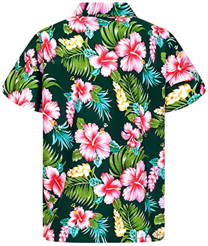 Hawaii-Hemd für Herren, flippig, lässig, Knopfleiste, kurzärmelig, Unisex, Blumen, Strand, Party, Flamingo, Blumen, Hibiskus-neues Design, dunkelgrün, 3X-Groß von King Kameha