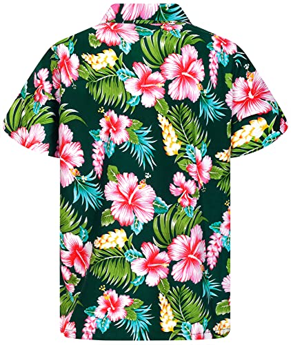 Hawaii-Hemd für Herren, flippig, lässig, Knopfleiste, kurzärmelig, Unisex, Blumen, Strand, Party, Flamingo, Blumen, Hibiskus-neues Design, dunkelgrün, L von King Kameha