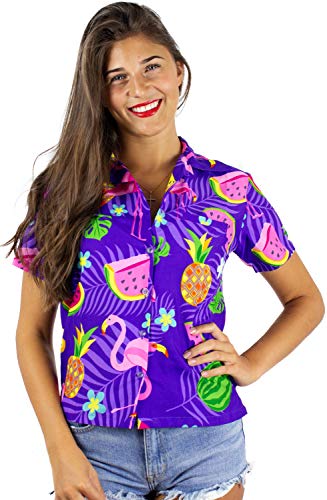 King Funky Hawaiibluse Hawaiihemd, Kurzarm, Flamingos Melonen,4XL - Brustbreite: 74 cm | Länge 87 cm,Lila von King Kameha