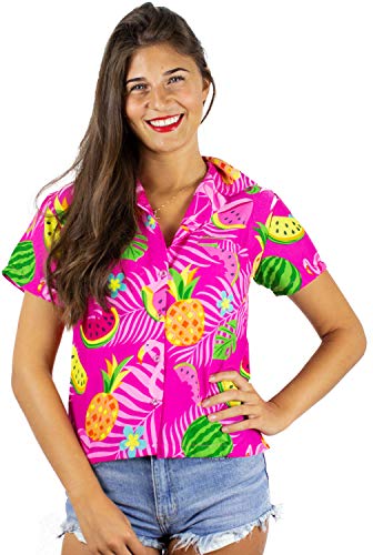 King Funky Hawaiibluse Hawaiihemd, Kurzarm, Flamingos Melonen,6XL - Brustbreite: 80 cm | Länge 89 cm,Pink von King Kameha