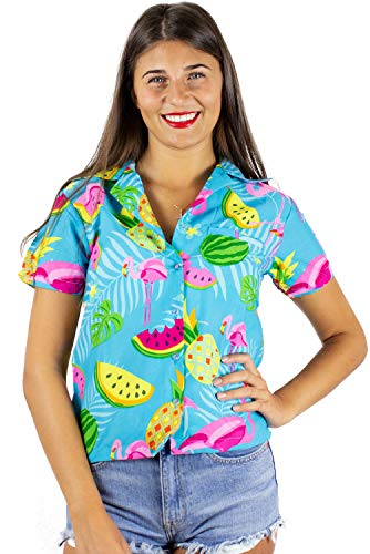 King Funky Hawaiibluse Hawaiihemd, Kurzarm, Flamingos Melonen,L - Brustbreite: 60 cm | Länge 73 cm,Türkis von King Kameha