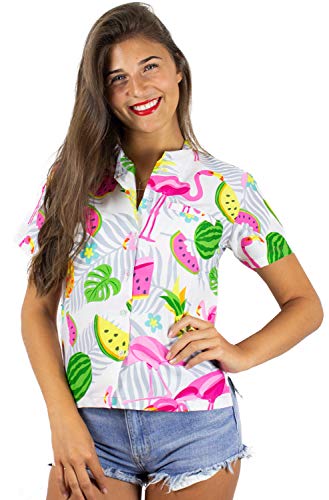 King Funky Hawaiibluse Hawaiihemd, Kurzarm, Flamingos Melonen,L - Brustbreite: 60 cm | Länge 73 cm,Weiß von King Kameha